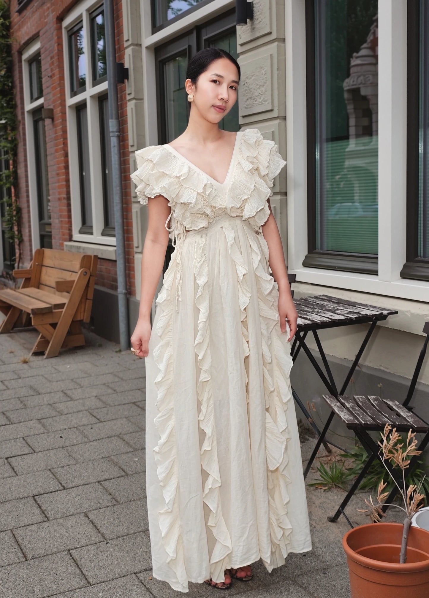 Natural Cut-Out Ruffle Maxi Dress