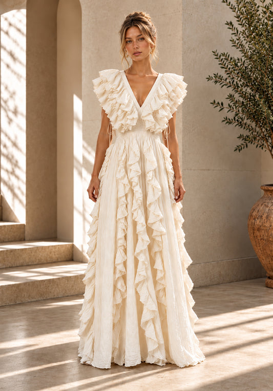 Natural Cut-Out Ruffle Maxi Dress