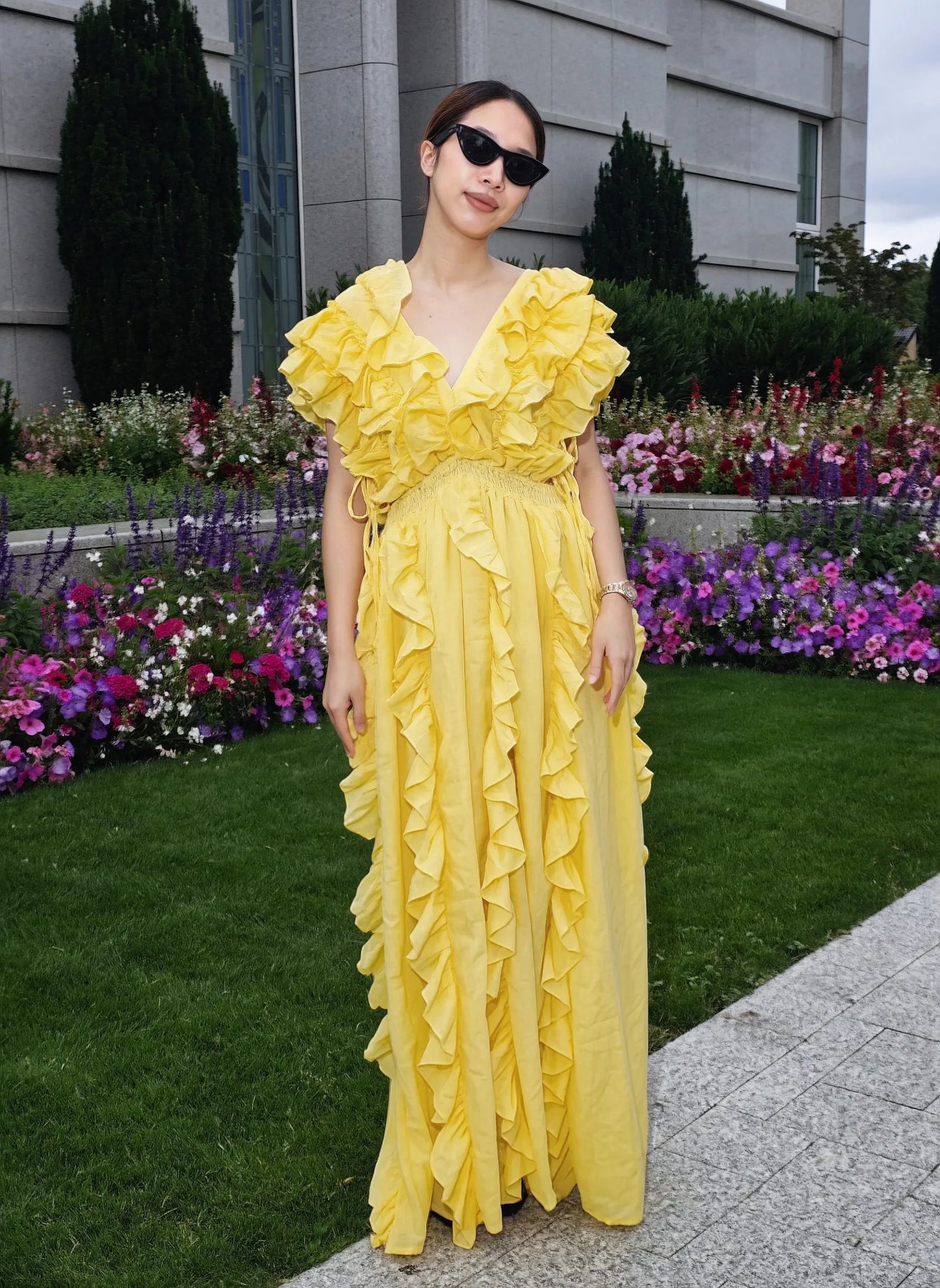 Yellow Cut-Out Ruffle Maxi Dress