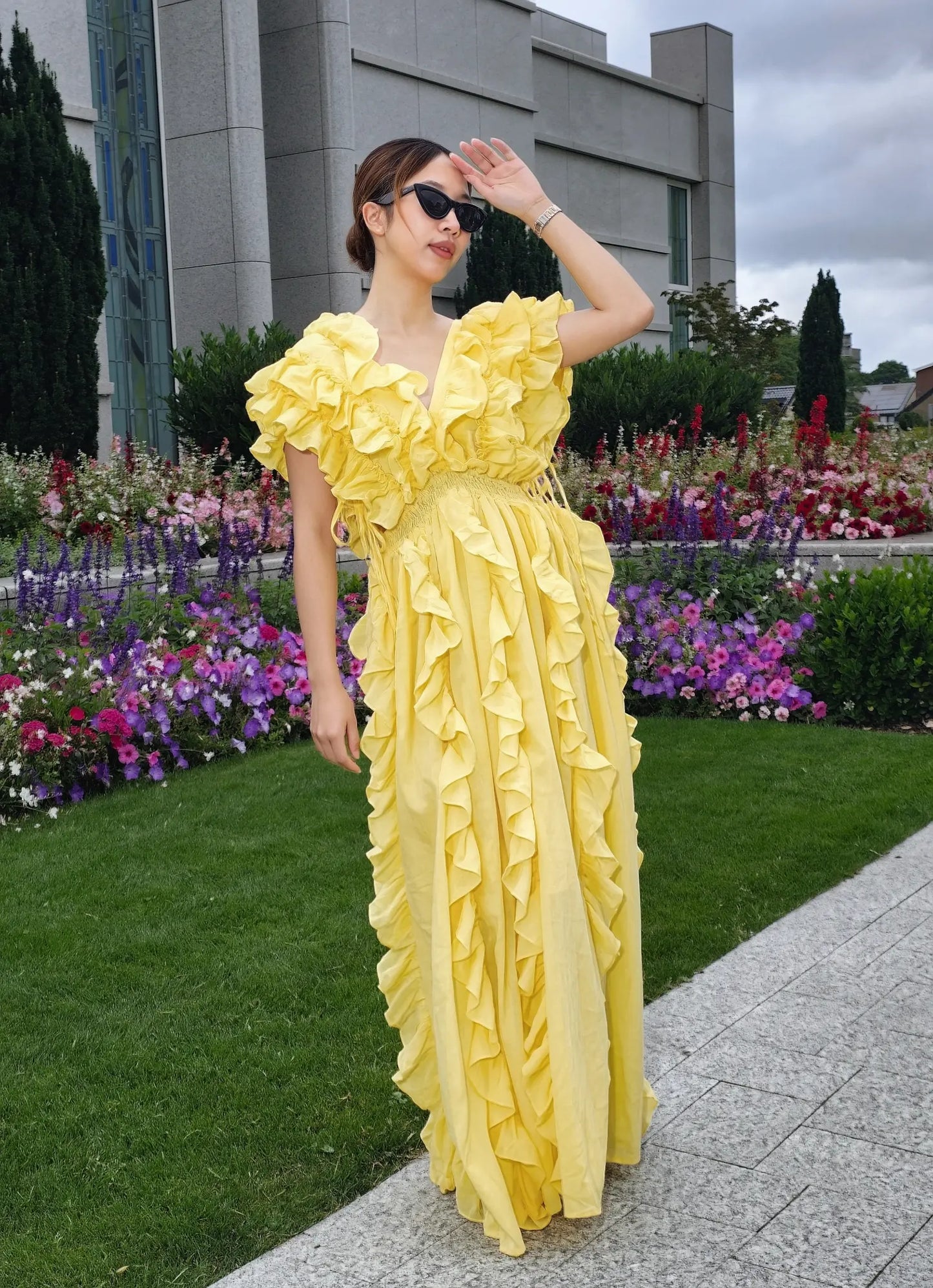 Yellow Cut-Out Ruffle Maxi Dress
