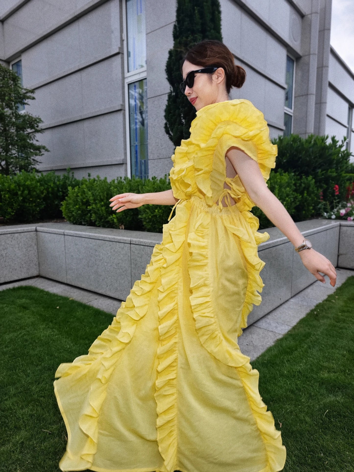 Yellow Cut-Out Ruffle Maxi Dress