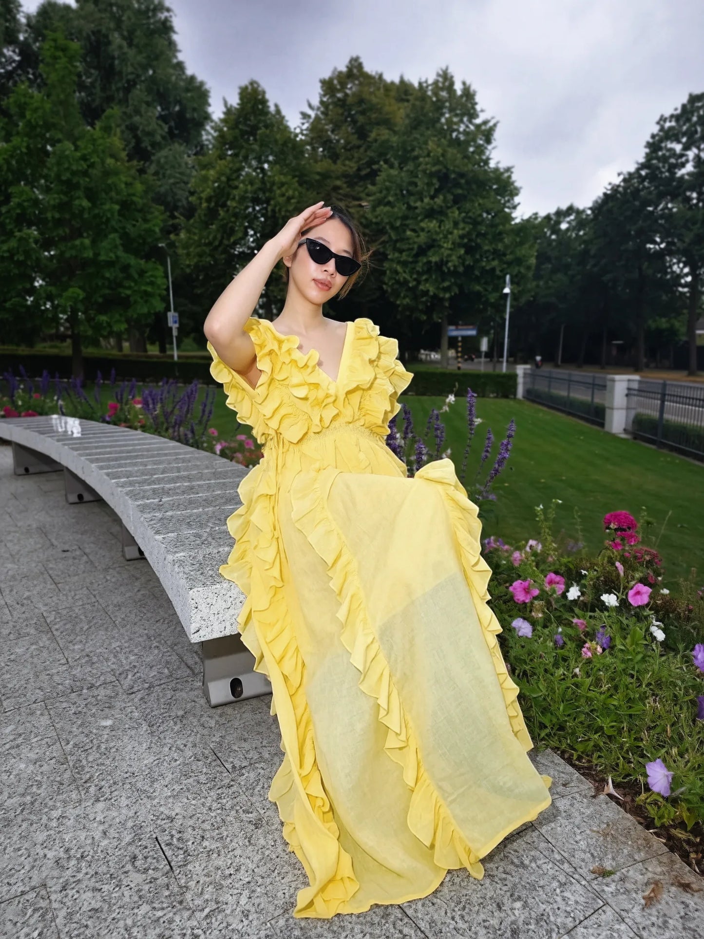 Yellow Cut-Out Ruffle Maxi Dress