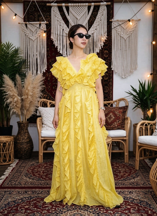 Yellow Cut-Out Ruffle Maxi Dress