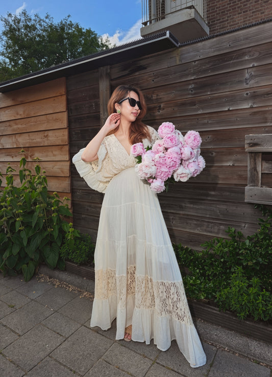 Geborduurd Bloemen Kant V-Nek Maxi Jurk