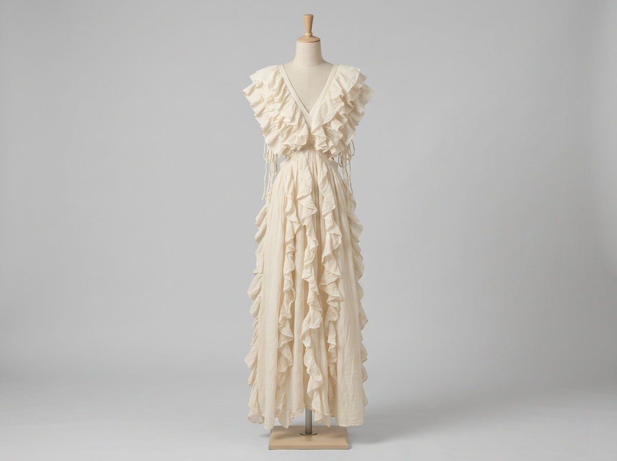 Natural Cut-Out Ruffle Maxi Dress