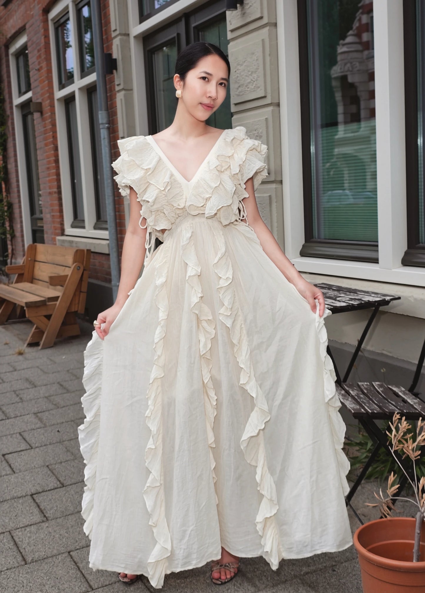 Natural Cut-Out Ruffle Maxi Dress