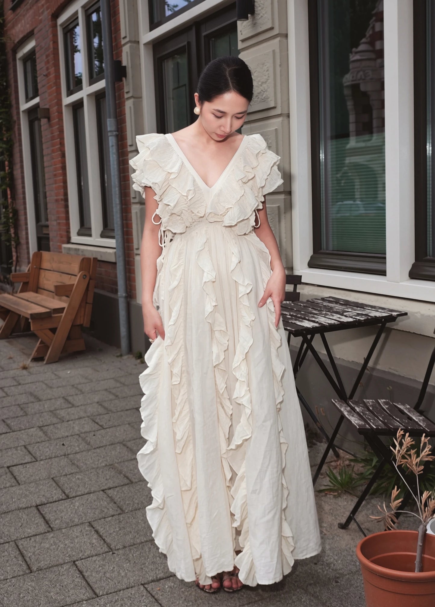 Natural Cut-Out Ruffle Maxi Dress
