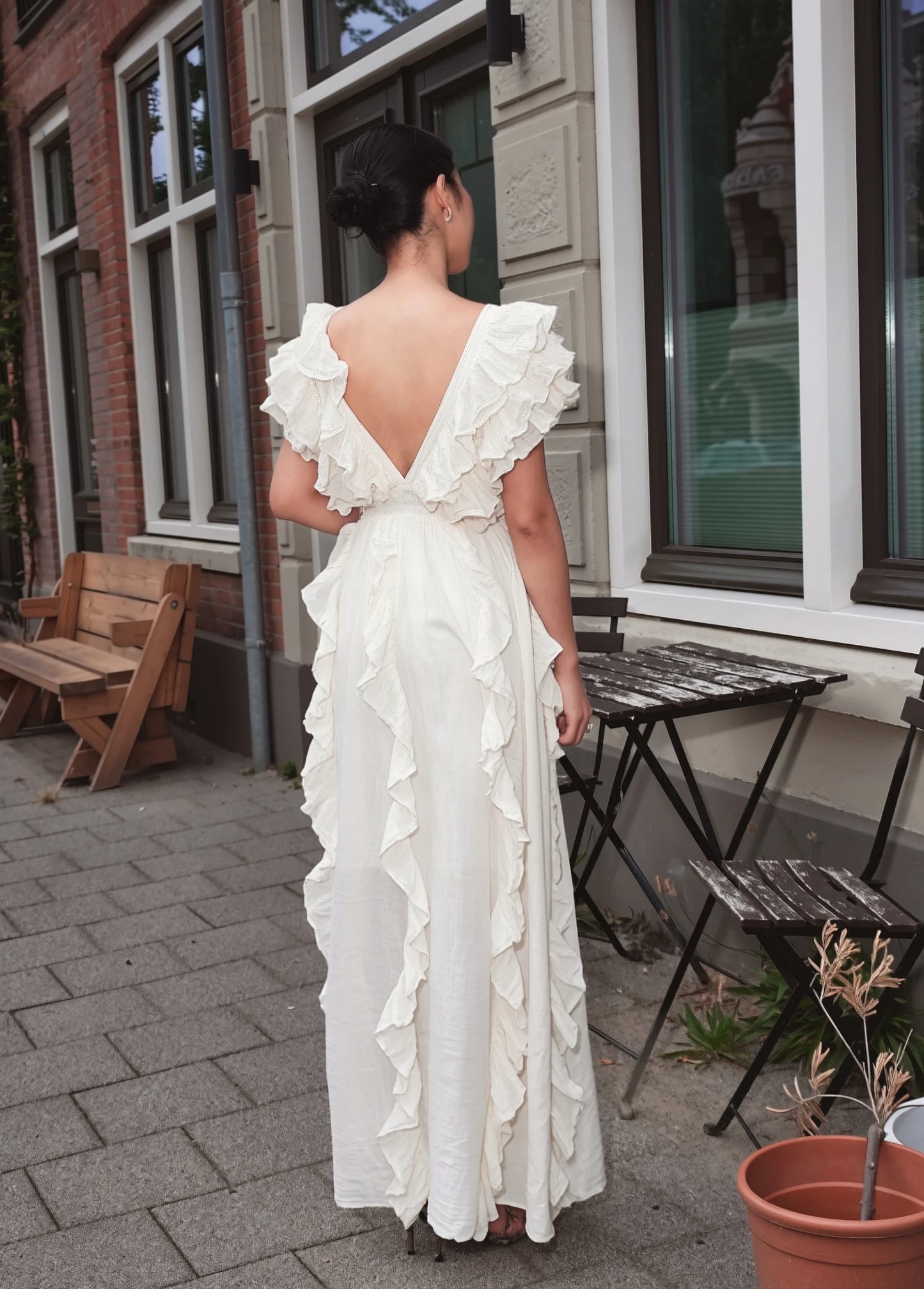 Natural Cut-Out Ruffle Maxi Dress