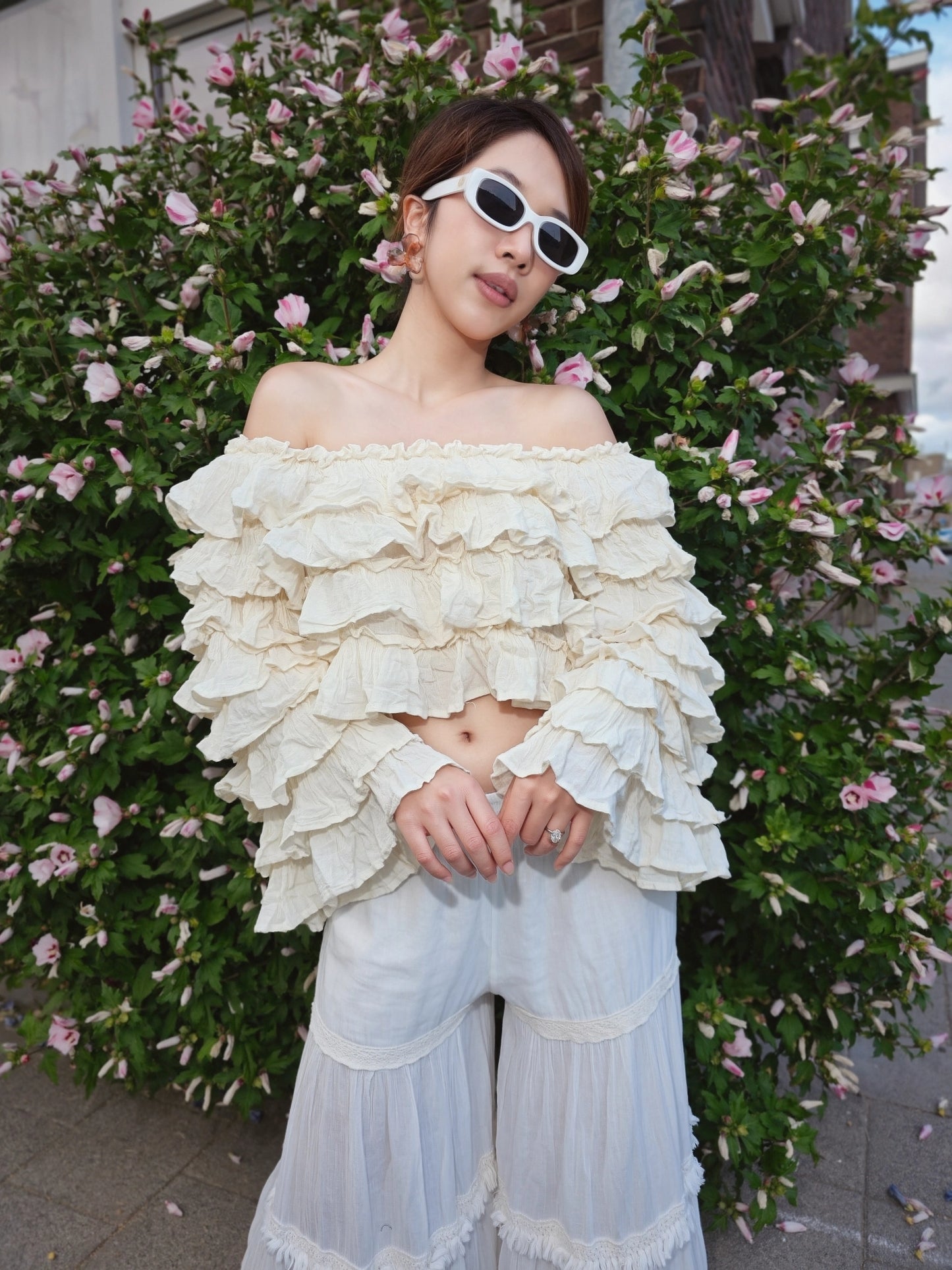 Long-Sleeve Ruffled Crop Top