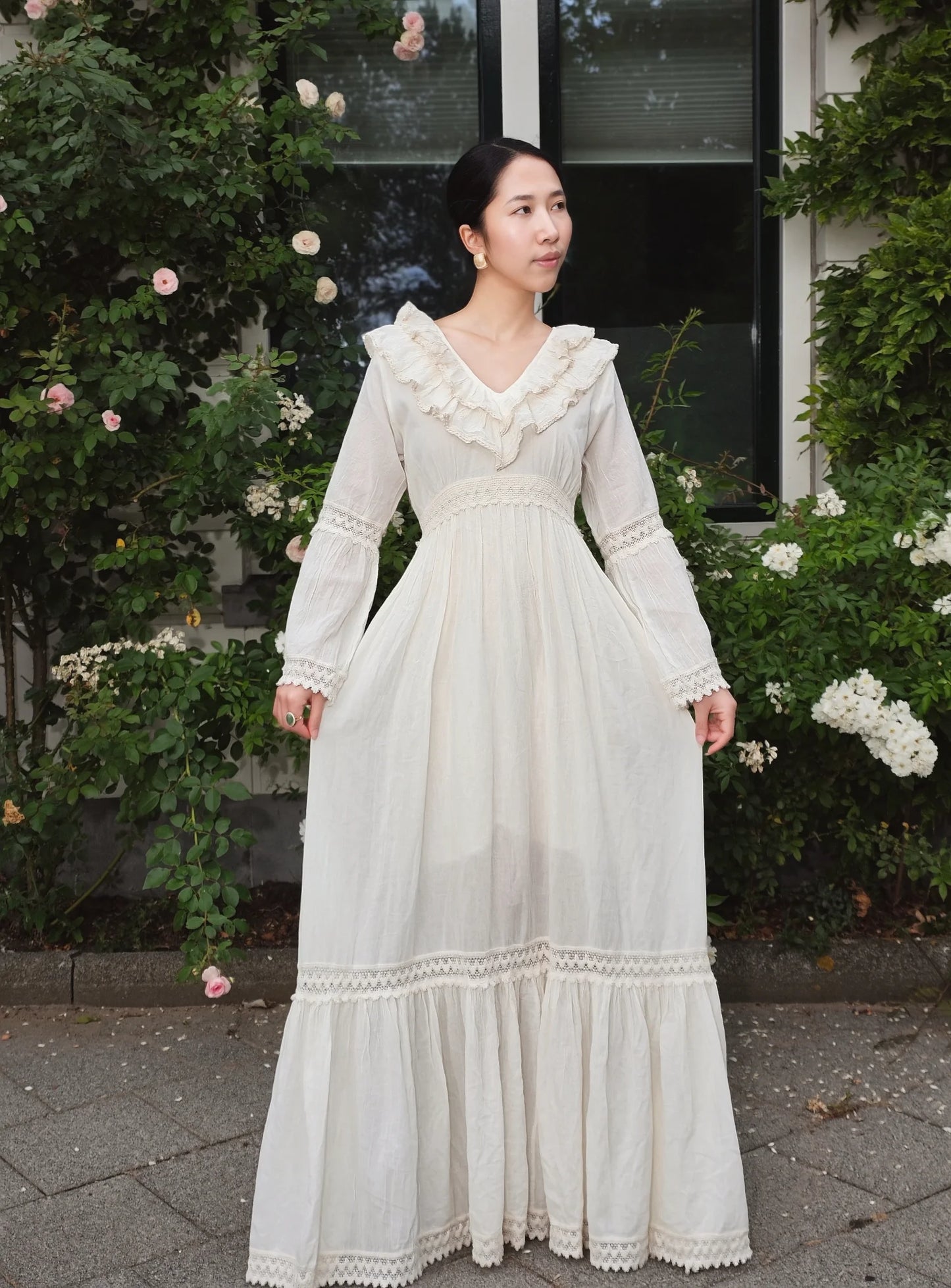 Ruffle Trims Long-Sleeve Maxi Dress