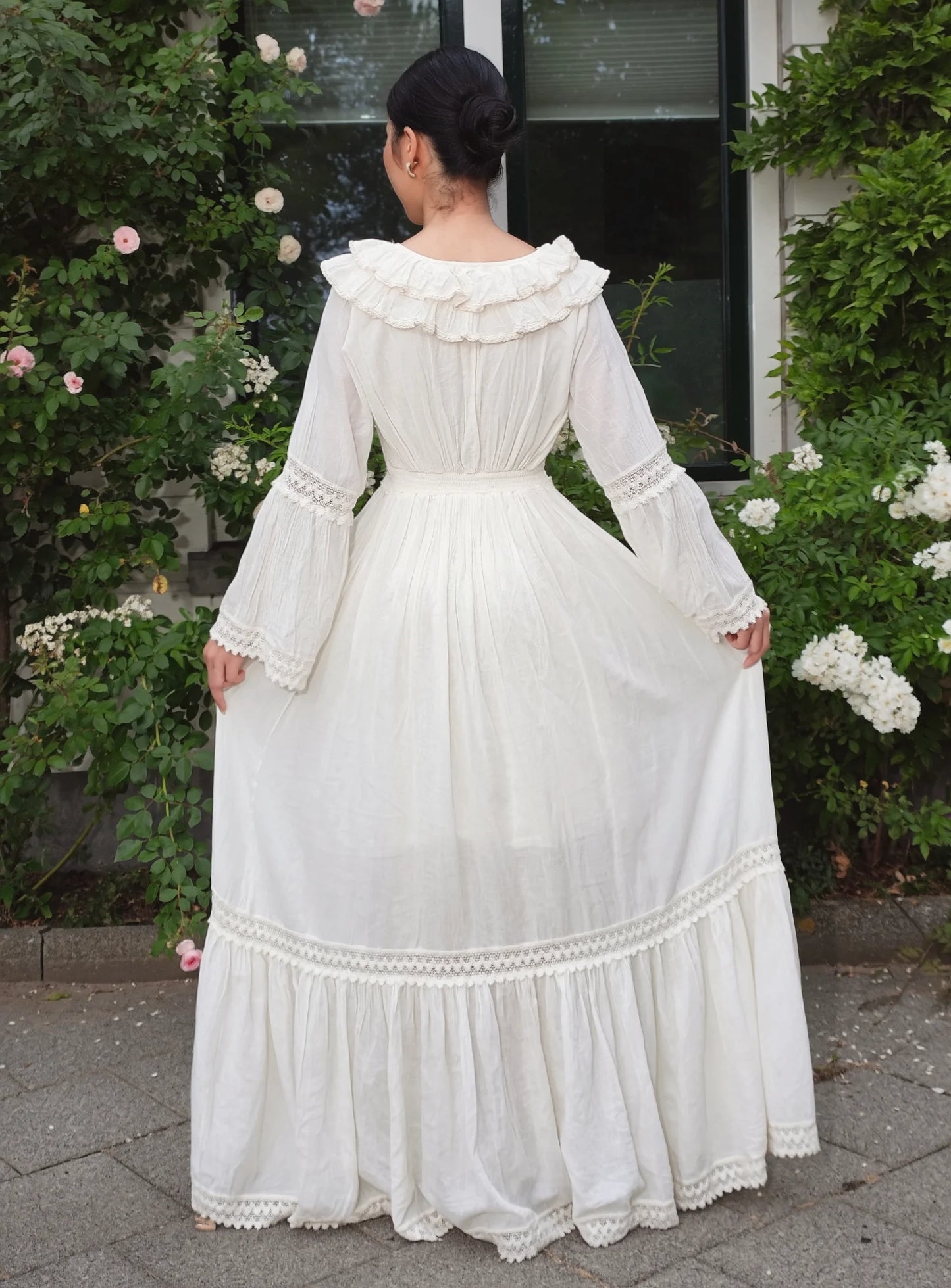 Ruffle Trims Long-Sleeve Maxi Dress
