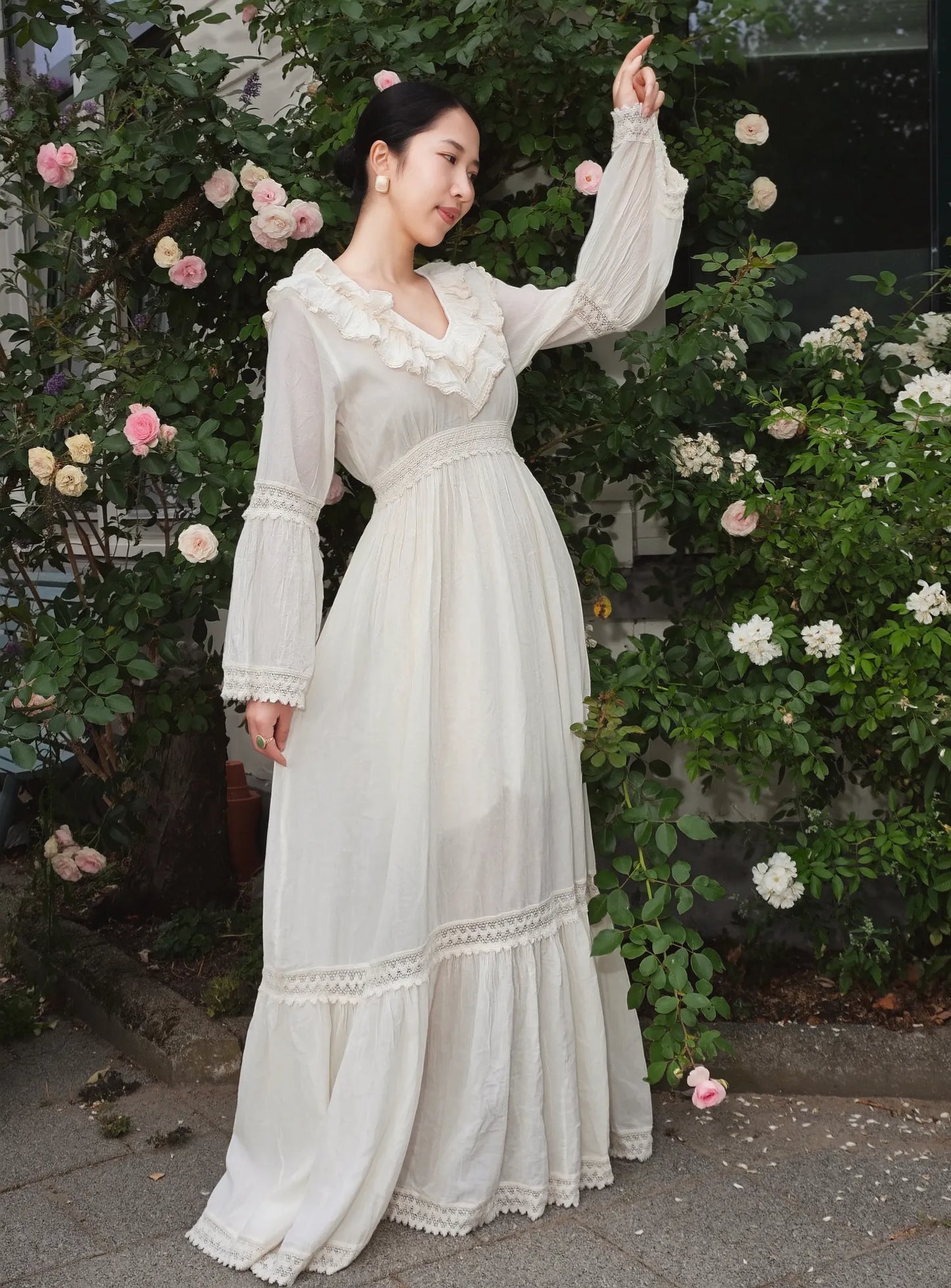 Ruffle Trims Long-Sleeve Maxi Dress