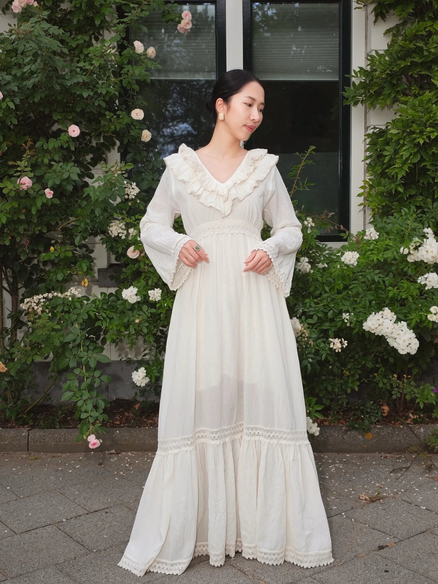 Ruffle Trims Long-Sleeve Maxi Dress